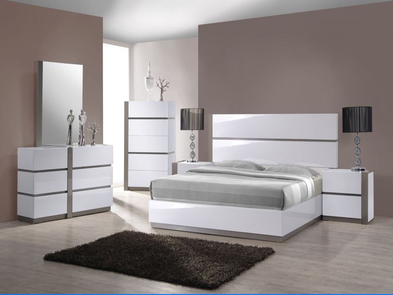 Manila 6 PC Queen Size Modern Bed Set in High Gloss White and Gray Finish