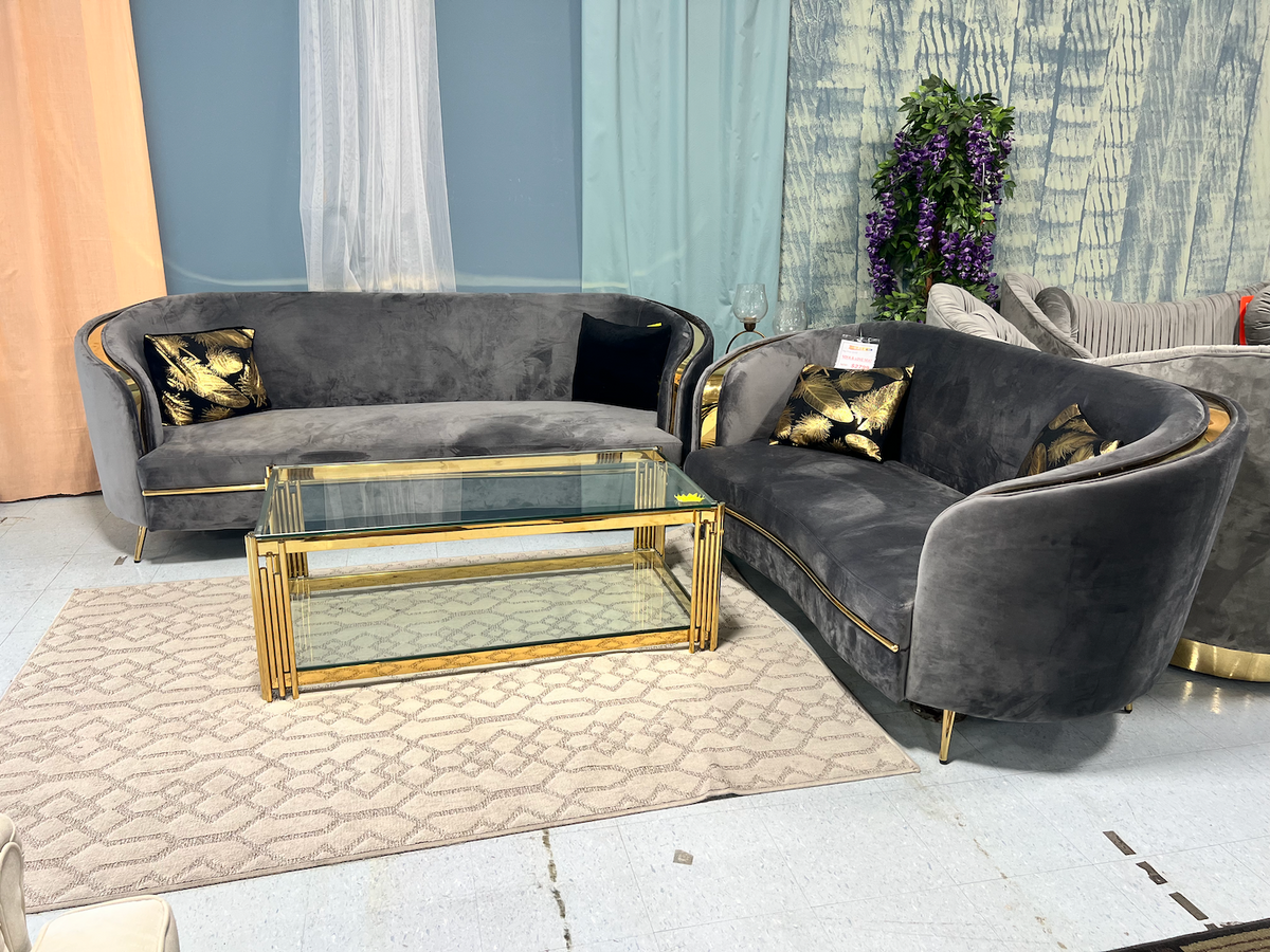 Grey Velvet Sofa + Love Seat with Gold accents