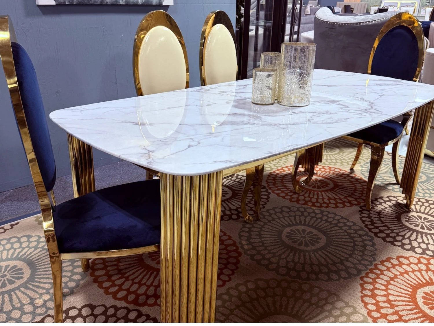 79" Marble Dining Table Set with Gold Base