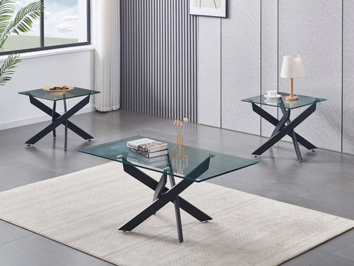 3 PC Black Metal Tempered Glass Coffee Table Set