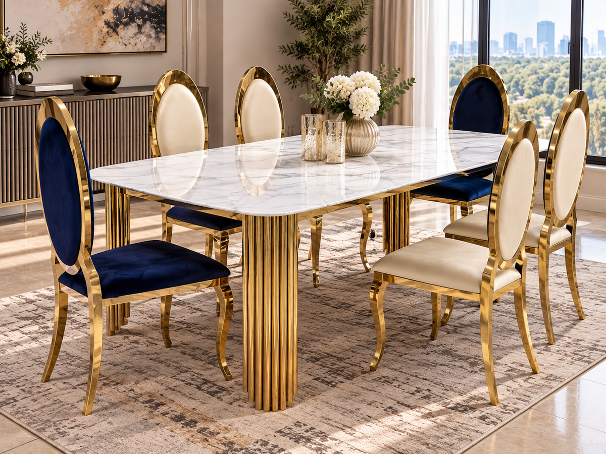 79" 7 PC Marble Dining Table Set with Gold Base