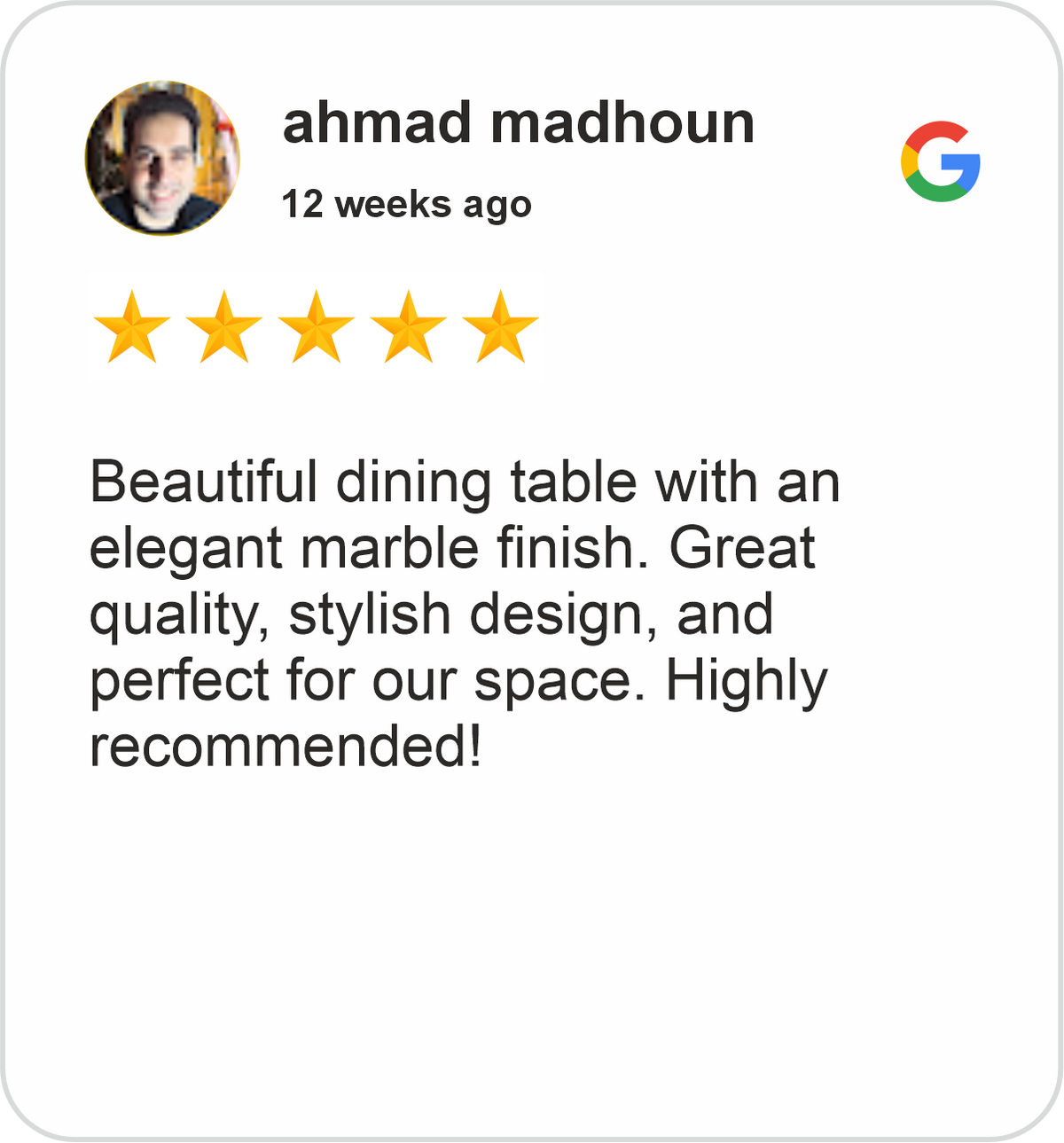 Ahmad Review showing a five-star Google customer rating praising a stylish marble-finish dining table from Midha's Furniture Gallery London, Ontario.