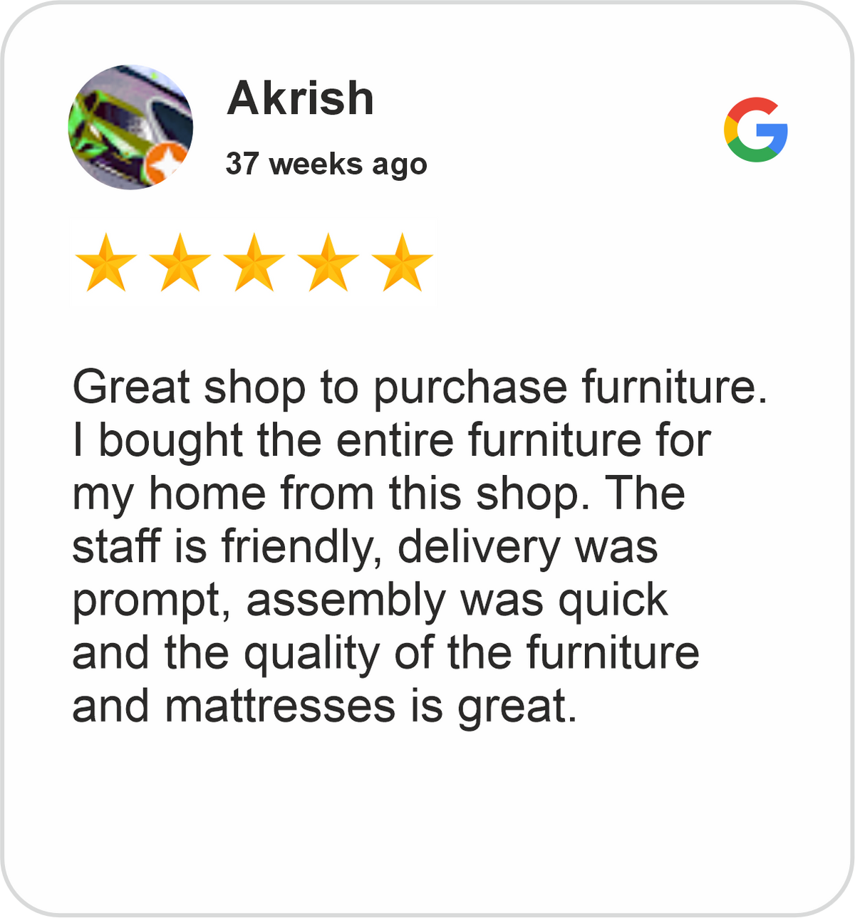 Akrish Review showing a five-star Google rating for Midha's Furniture Gallery Mississauga, praising friendly staff, prompt delivery, quick assembly, and quality furniture and mattresses.