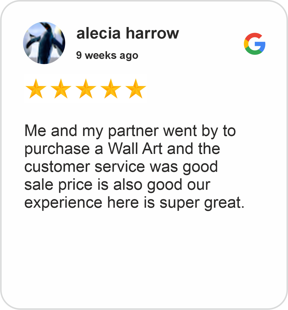 Alecia Review showing a five-star Google customer rating praising wall art, customer service and sale pricing at Midha's Furniture Gallery London, Ontario.