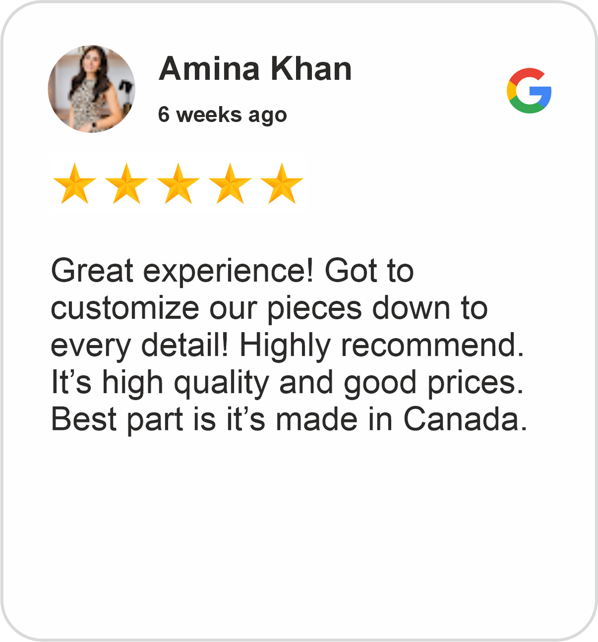 Amina Review showing a five-star Google rating for Midha's Furniture Gallery Mississauga, highlighting customizable furniture, high quality, good prices, and Canadian-made pieces.