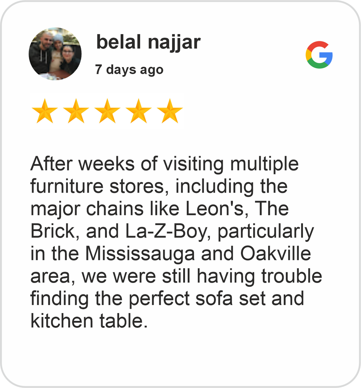 Belal Review showing a five-star Google rating for Midha's Furniture Gallery Mississauga after searching for a sofa set and kitchen table in the Mississauga and Oakville area.