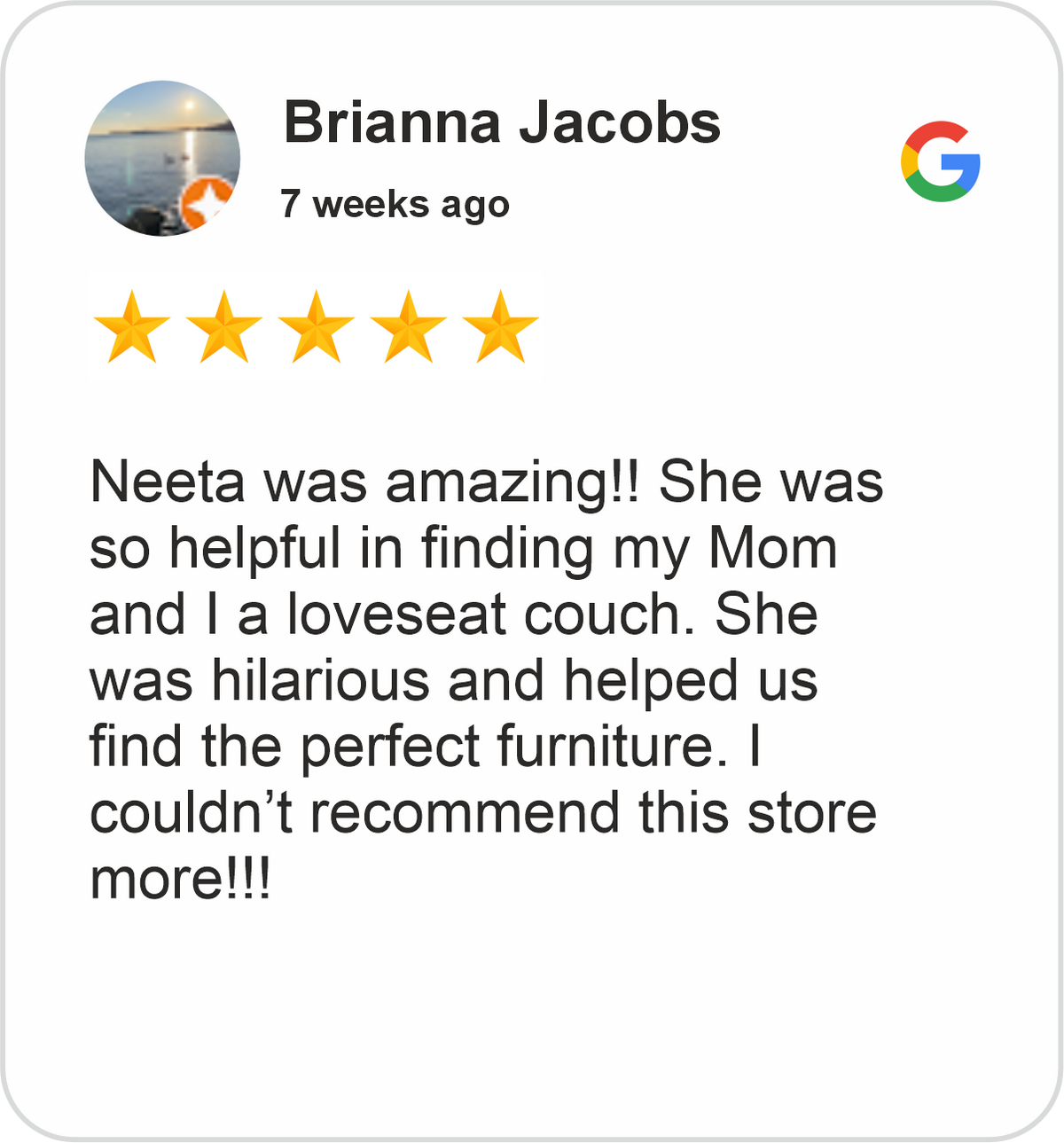 Brianna Review showing a five-star Google rating for Midha's Furniture Gallery Scarborough, praising helpful service in finding the perfect loveseat and furniture.