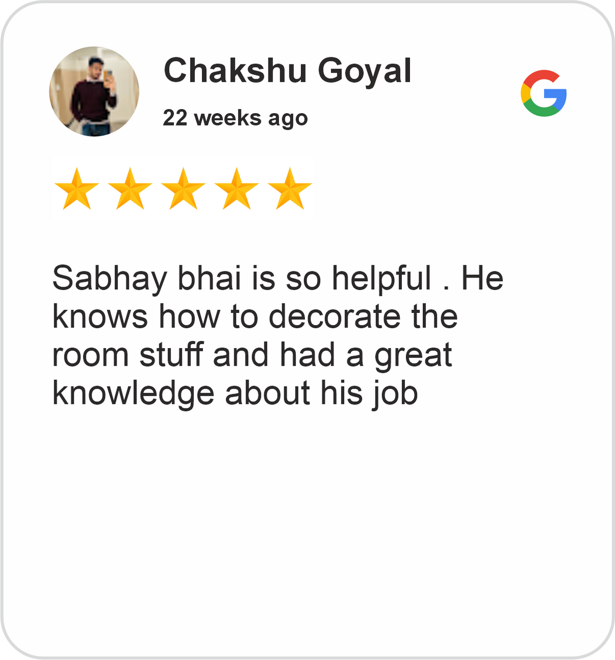 Chakshu Review showing a five-star Google rating for Midha's Furniture Gallery Brampton, praising helpful service and knowledge of room decoration and furniture placement.