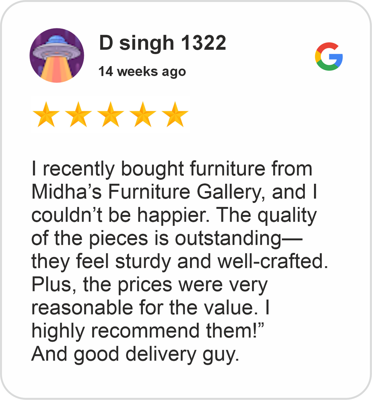 D Singh Review showing a five-star Google rating for Midha's Furniture Gallery Brampton, praising furniture quality, sturdy craftsmanship, reasonable prices, and delivery service.