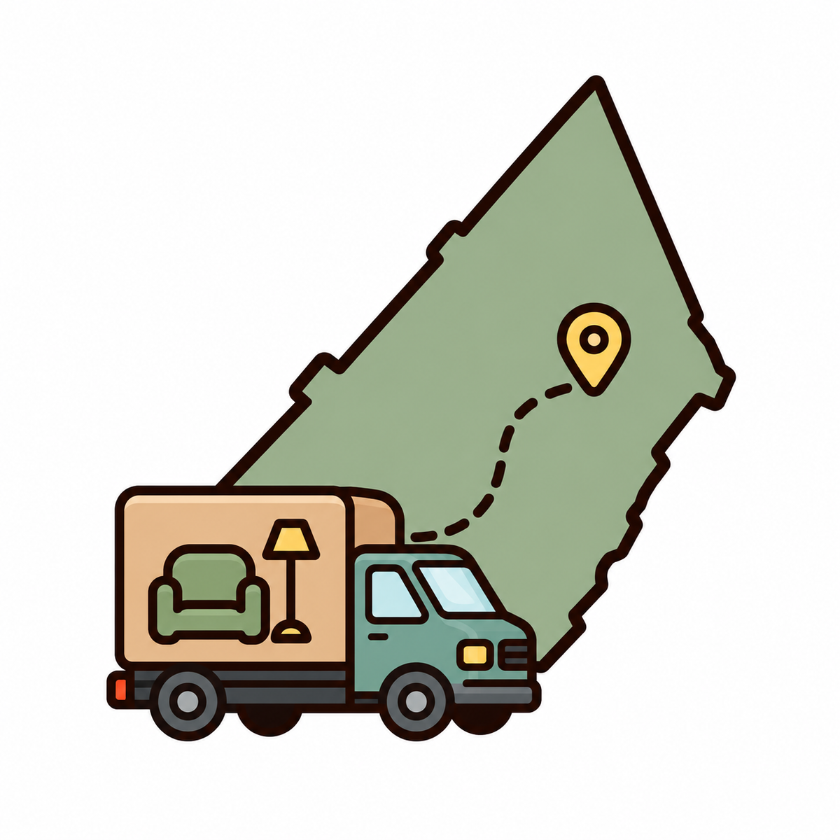 Delivery Across Brampton icon showing a furniture delivery truck, location map, and destination pin for Midha's Furniture Gallery Brampton.