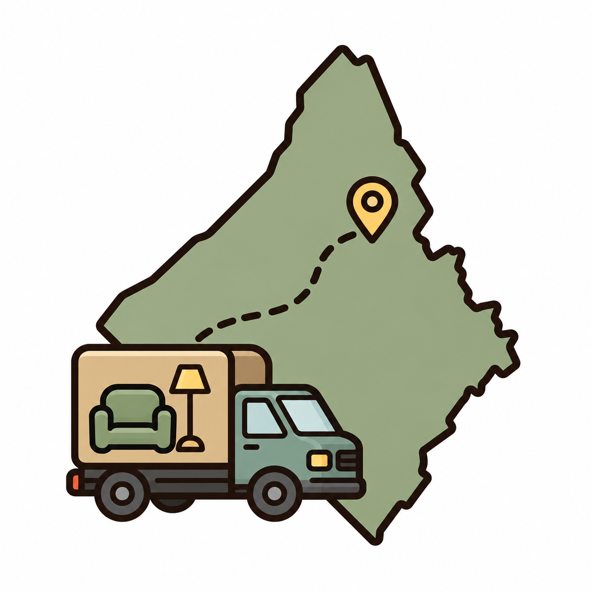 Delivery Across Mississauga icon featuring a furniture delivery truck, location map, and destination pin for Midha's Furniture Gallery Mississauga.