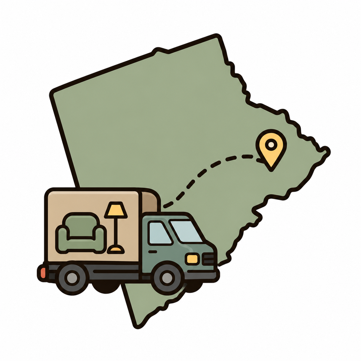 Delivery Across Scarborough icon showing a furniture delivery truck, location route, and map graphic for Midha's Furniture Gallery Scarborough.
