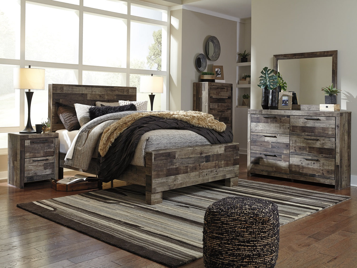 Ashley Derekson 6 PC Bedroom Set in Rustic Butcher Block Finish