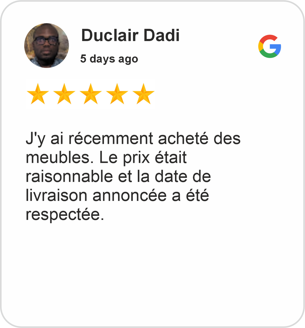Duclair Review showing a five-star Google rating for Midha's Furniture Gallery Scarborough, praising reasonable furniture prices and on-time delivery.