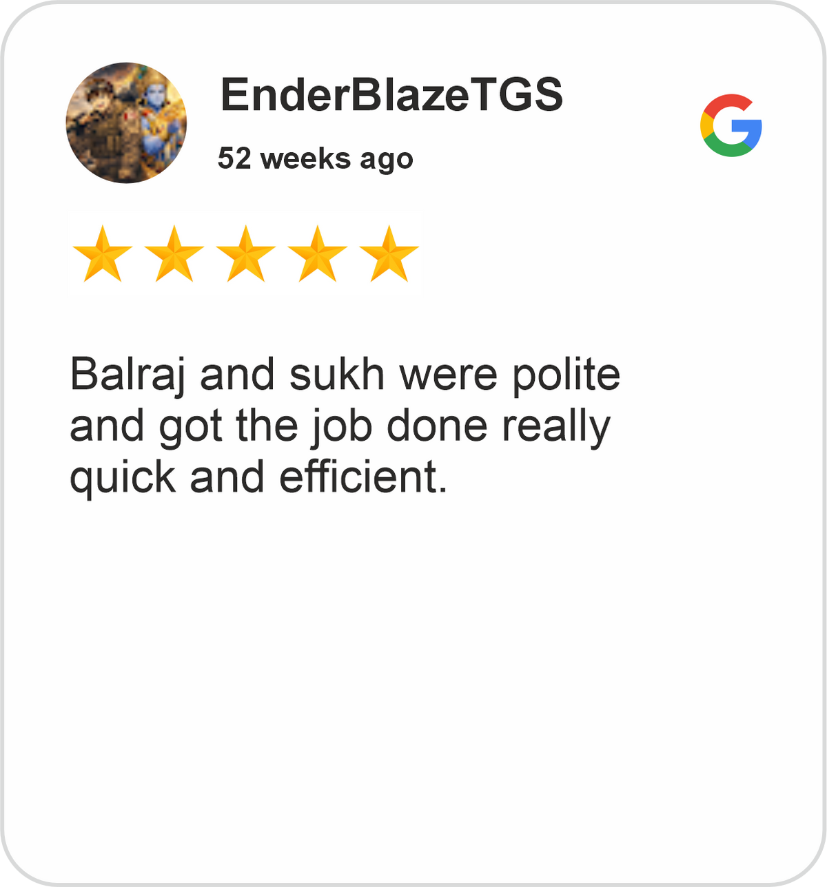 EnderBlaze Review showing a five-star Google rating for Midha's Furniture Gallery Cambridge, praising polite, quick, and efficient service.