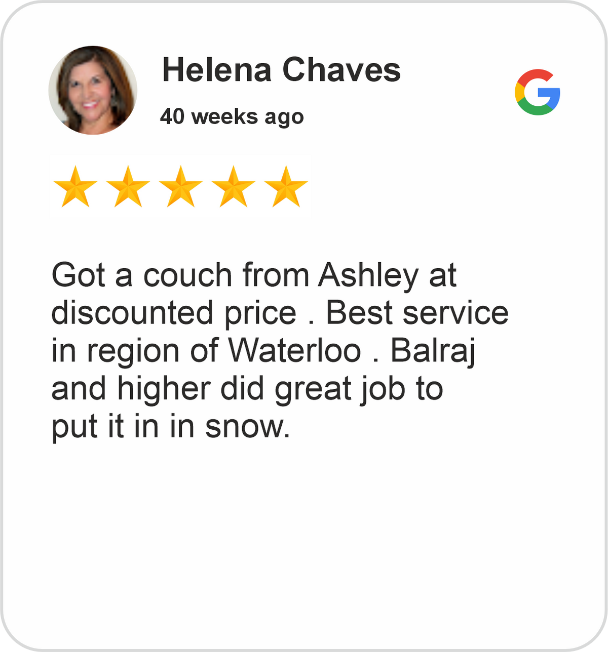 Helena Review showing a five-star Google rating for Midha's Furniture Gallery Cambridge, highlighting a discounted Ashley couch, helpful service, and furniture setup.
