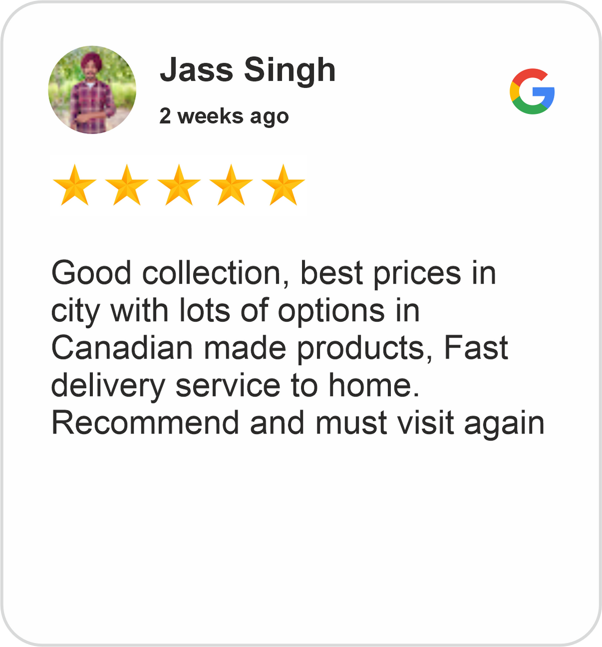 Jass Review showing a five-star Google customer rating praising the furniture collection, pricing, Canadian-made products and fast home delivery at Midha's Furniture Gallery London, Ontario.