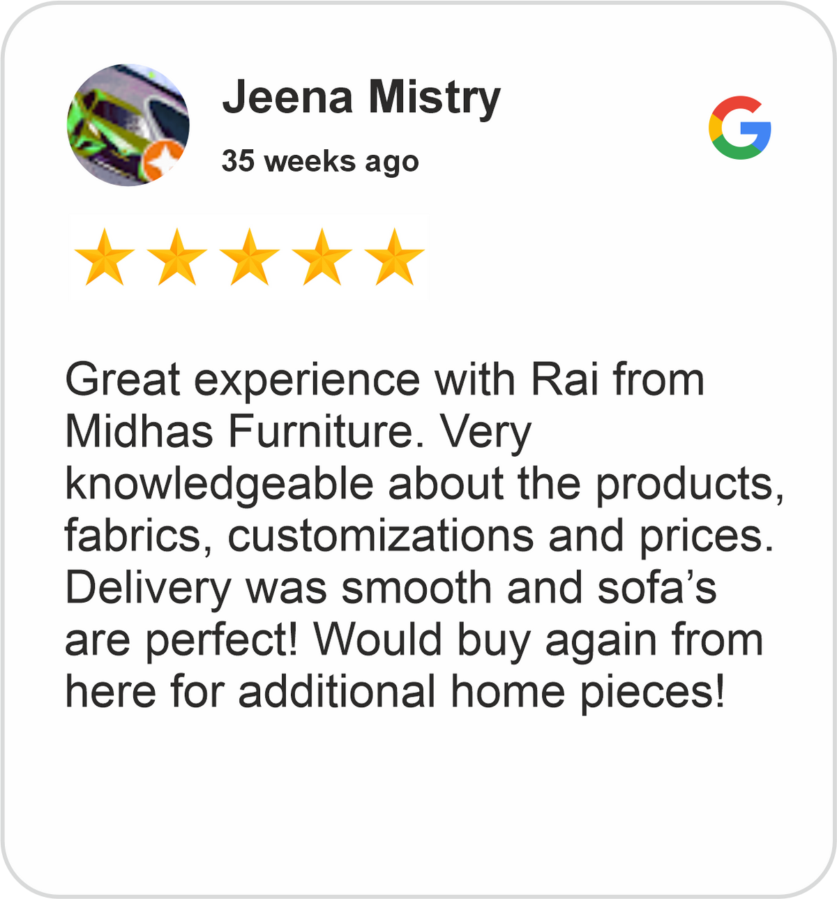 Jeena Review showing a five-star Google rating for Midha's Furniture Gallery Brampton, praising knowledgeable service, furniture customization, pricing, and smooth sofa delivery.