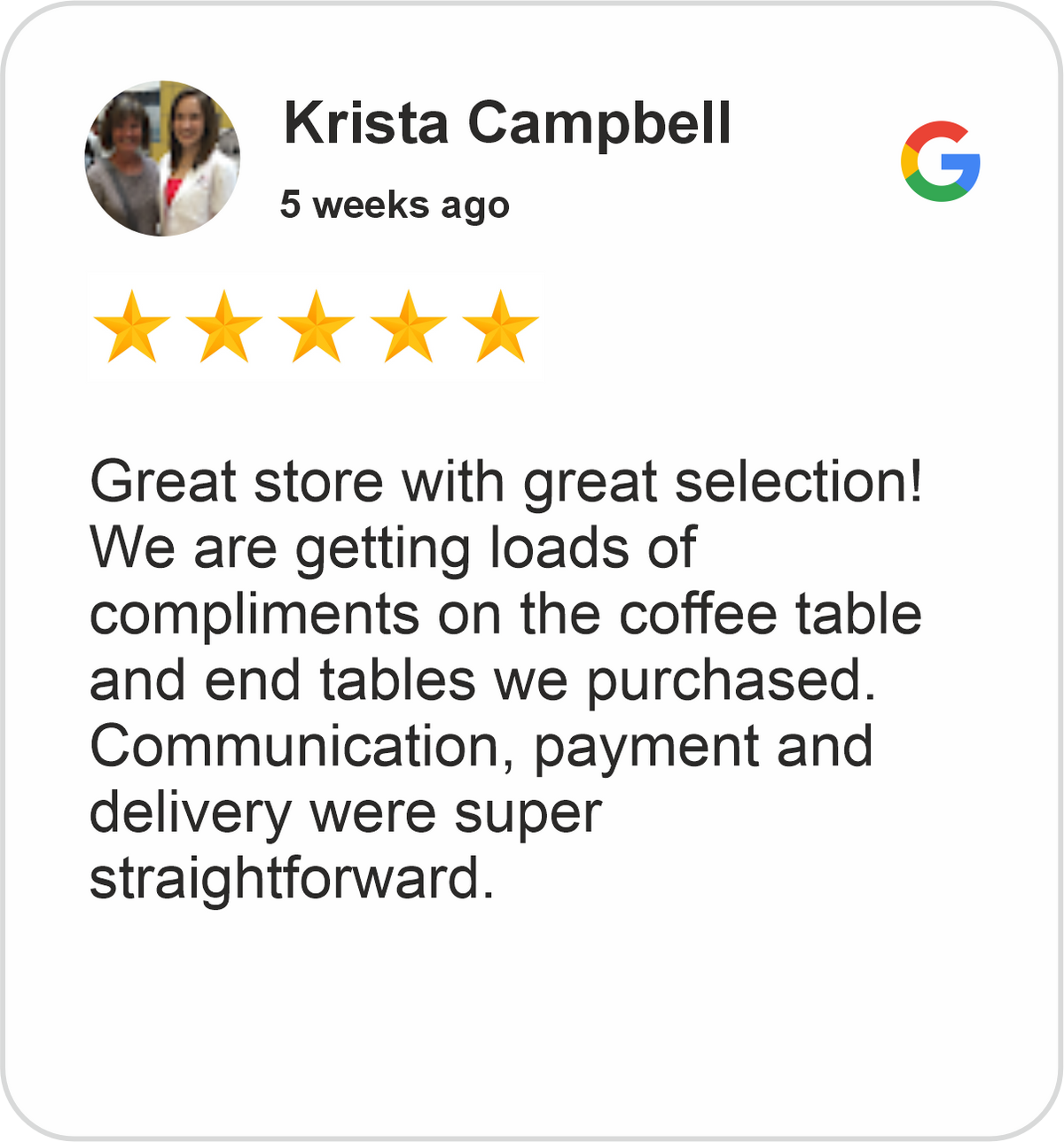 Krista Review showing a five-star Google customer rating praising the furniture selection, coffee and end tables, communication, payment and delivery at Midha's Furniture Gallery London, Ontario.