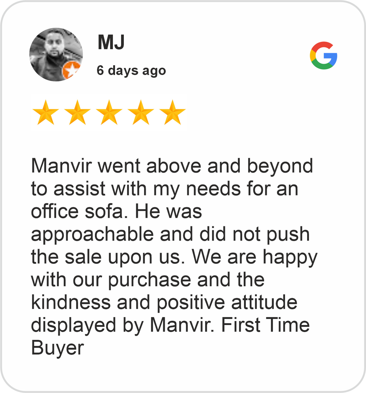 MJ Review showing a five-star Google rating for Midha's Furniture Gallery Mississauga, praising helpful service from Manvir while purchasing an office sofa.
