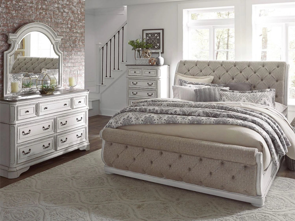 Liberty Furniture Magnolia Manor Sleigh 6 PC Fabric Bed Set in Antique White Finish