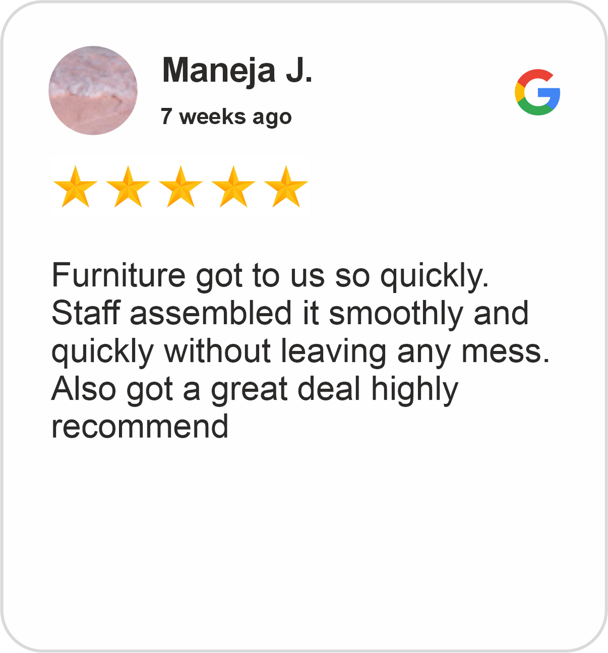Maneja Review showing a five-star Google rating for Midha's Furniture Gallery Scarborough, praising fast furniture delivery, smooth assembly, and a great deal.