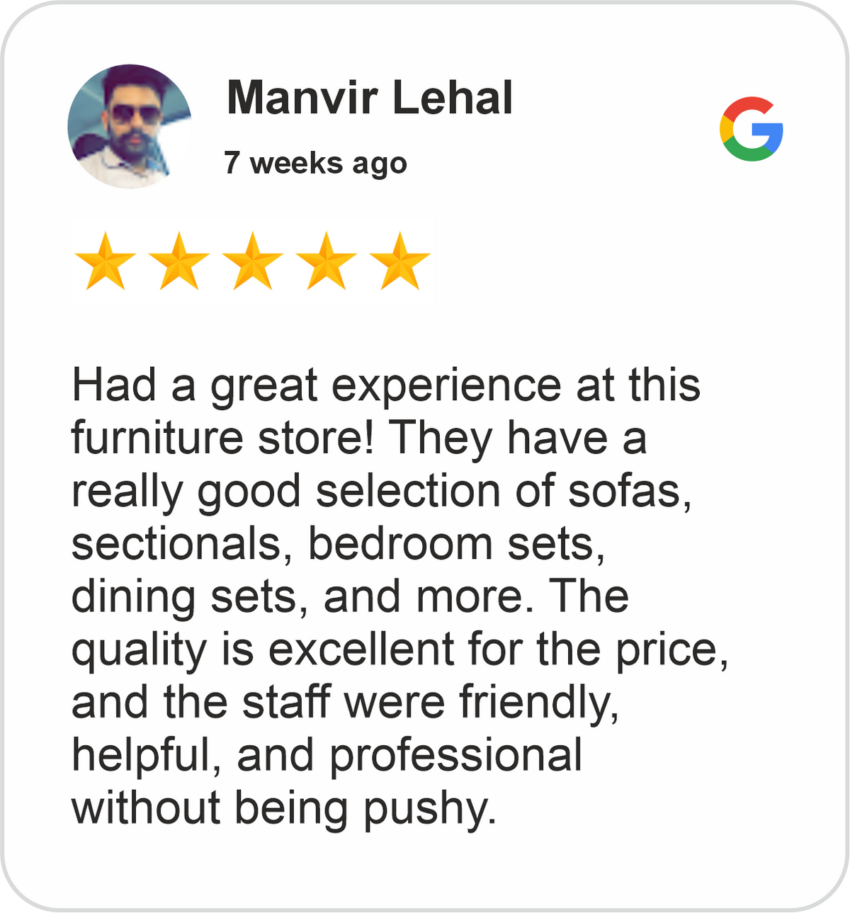 Manvir Review showing a five-star Google rating for Midha's Furniture Gallery Scarborough, praising the furniture selection, quality, and professional service.
