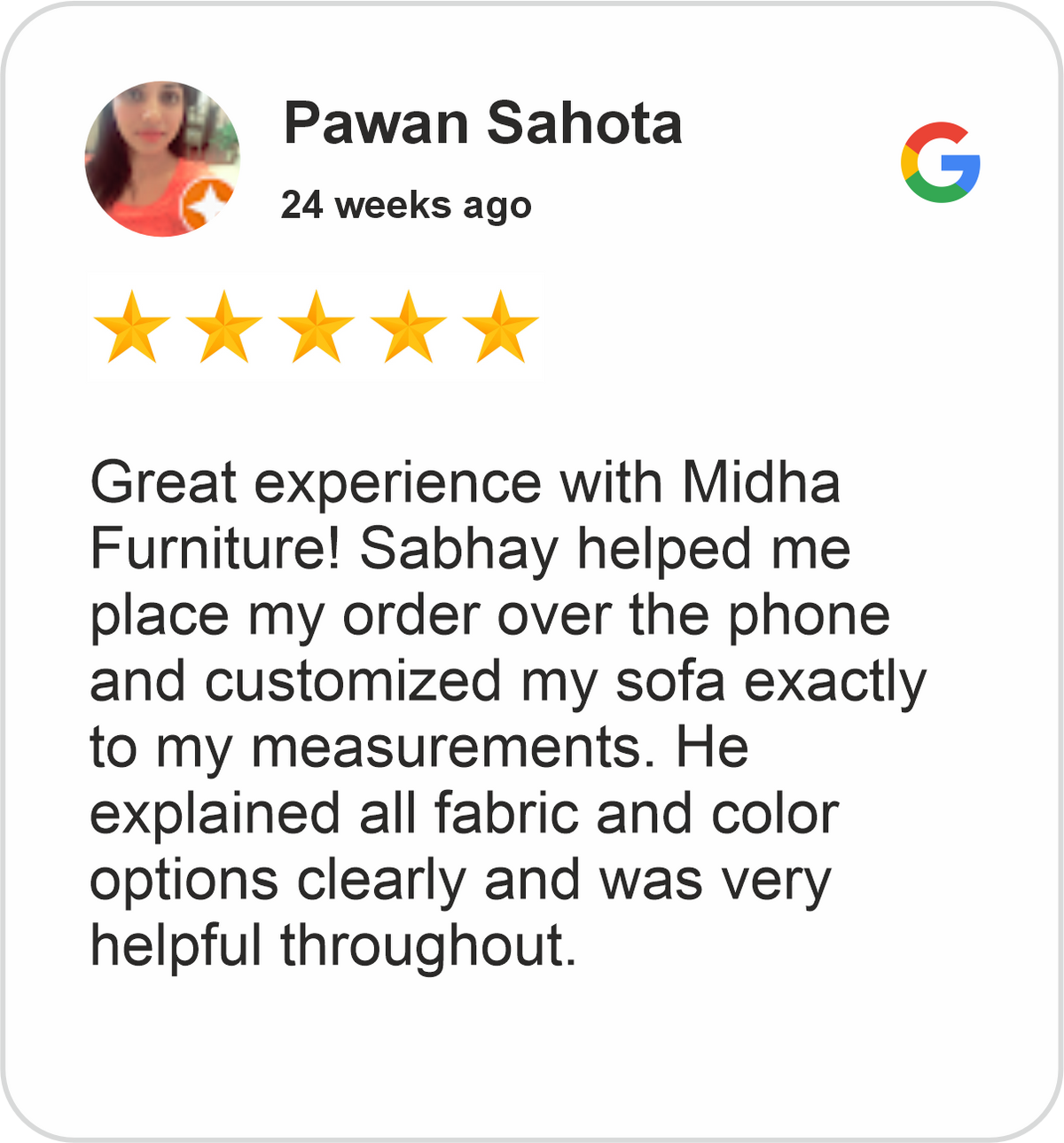 Pawan Review showing a five-star Google rating for Midha's Furniture Gallery Brampton, praising helpful service, custom sofa ordering, and fabric and color guidance.