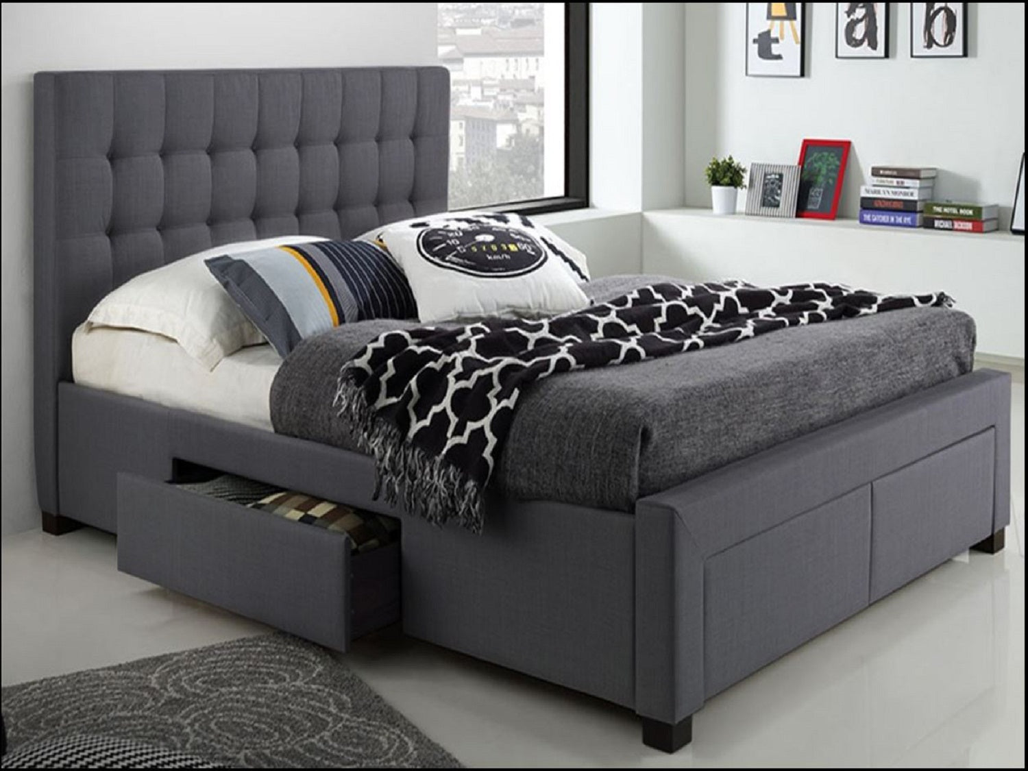 Modern Queen Storage Bed in Grey Linen Fabric