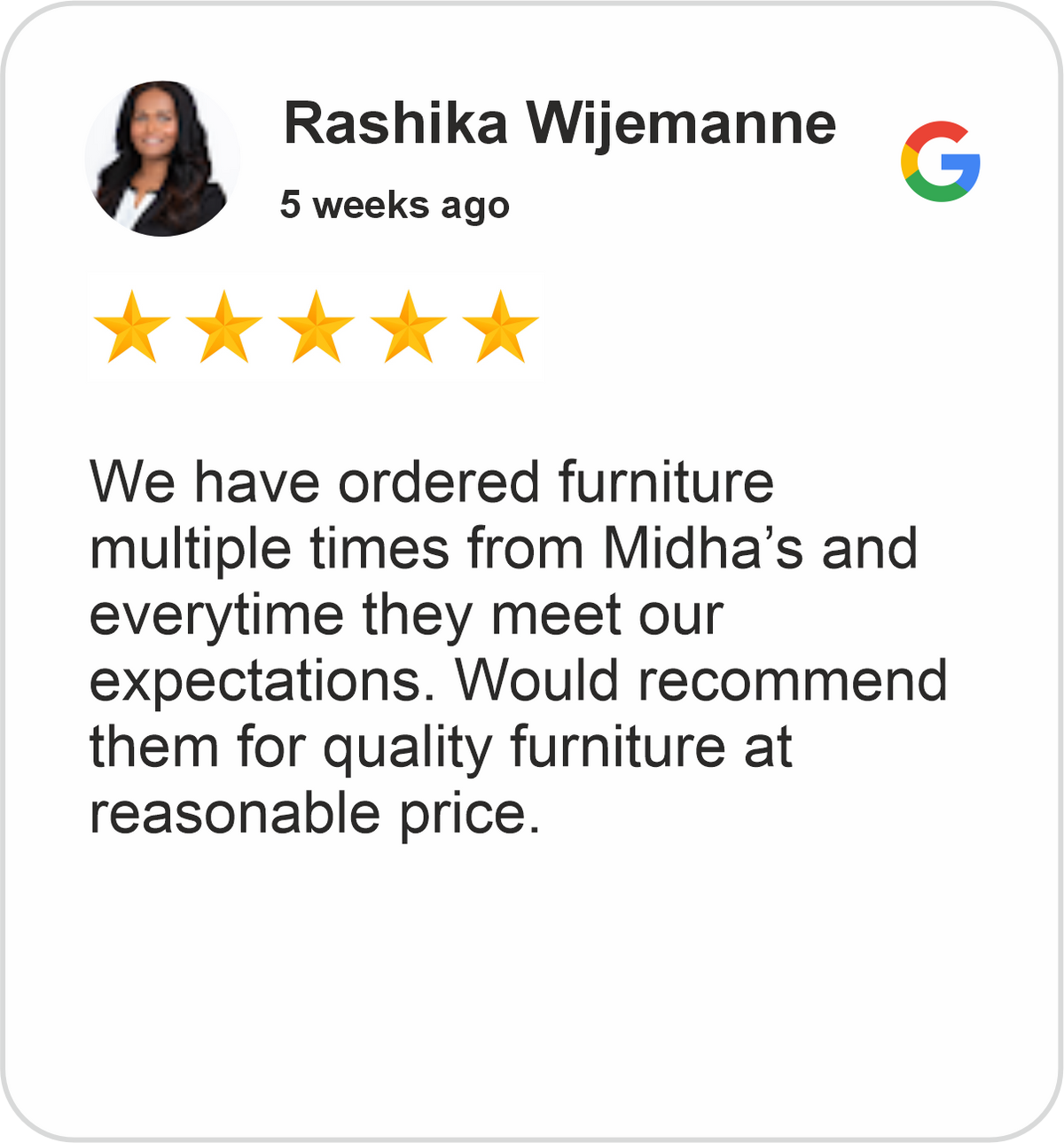 Rashika Review showing a five-star Google rating for Midha's Furniture Gallery Scarborough, praising quality furniture, reasonable prices, and consistently positive experiences.