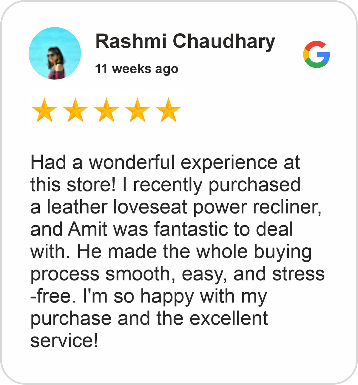 Rashmi Review showing a five-star Google customer rating praising a leather loveseat power recliner, smooth buying process and excellent service at Midha's Furniture Gallery London, Ontario.