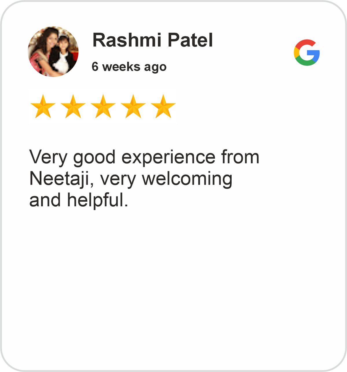 Rashmi Review showing a five-star Google rating for Midha's Furniture Gallery Scarborough, highlighting a welcoming and helpful customer service experience.