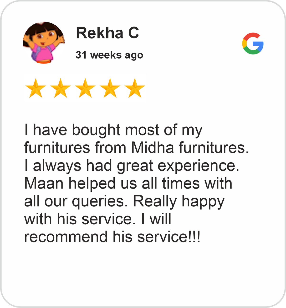 Rekha Review showing a five-star Google rating for Midha's Furniture Gallery Mississauga, highlighting repeated furniture purchases and helpful customer service.