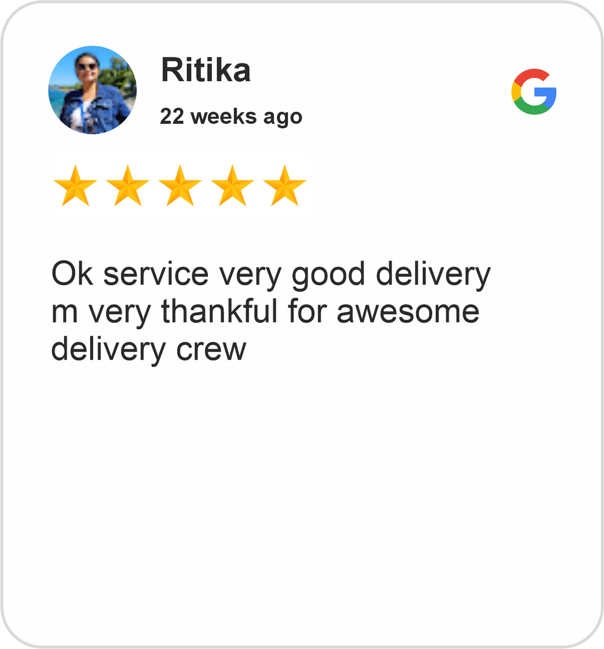 Ritika Review showing a five-star Google rating for Midha's Furniture Gallery Cambridge, praising good service and an excellent furniture delivery crew.