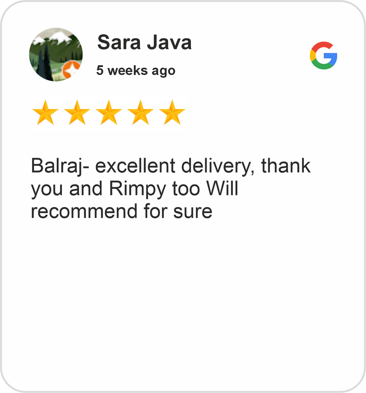 Sara Review showing a five-star Google rating for Midha's Furniture Gallery Cambridge, praising excellent furniture delivery service and recommending the team.