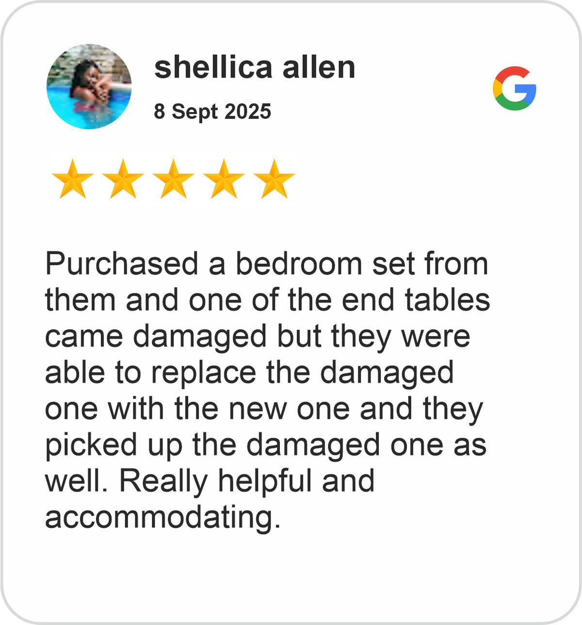 Shellica Review showing a five-star Google rating for Midha's Furniture Gallery Cambridge, praising helpful service after a damaged bedroom set end table was replaced and collected.