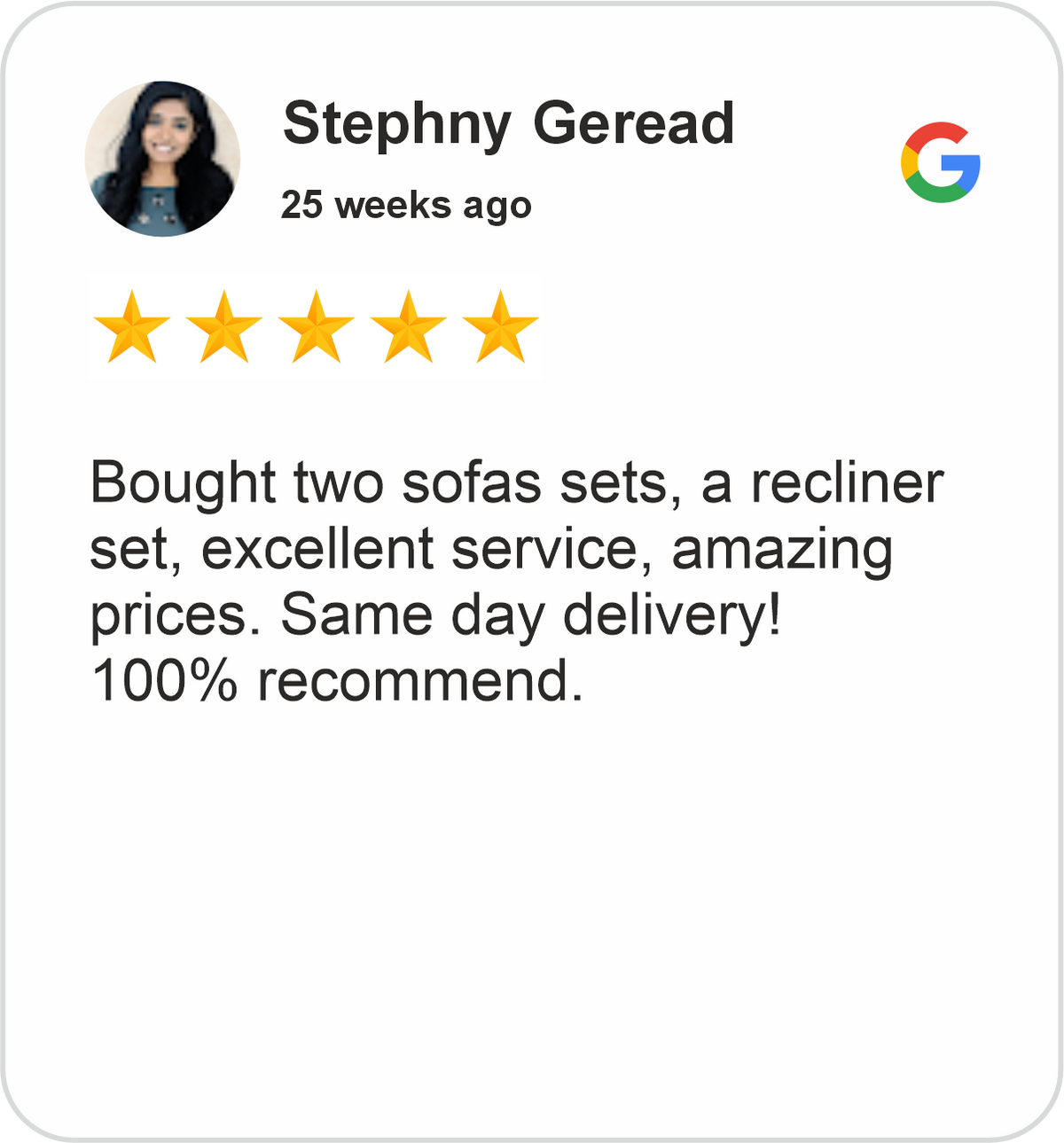 Stephny Review showing a five-star Google rating for Midha's Furniture Gallery Brampton, praising excellent service, great prices, sofa and recliner purchases, and same-day delivery.