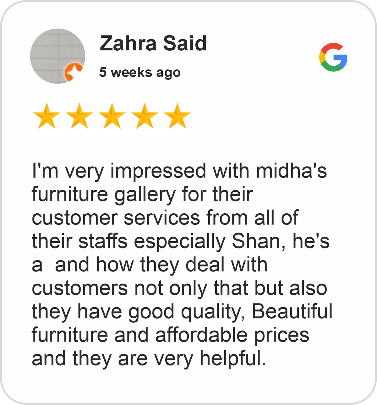 Zara Review showing a five-star Google rating for Midha's Furniture Gallery Brampton, praising helpful customer service, quality furniture, beautiful designs, and affordable prices.