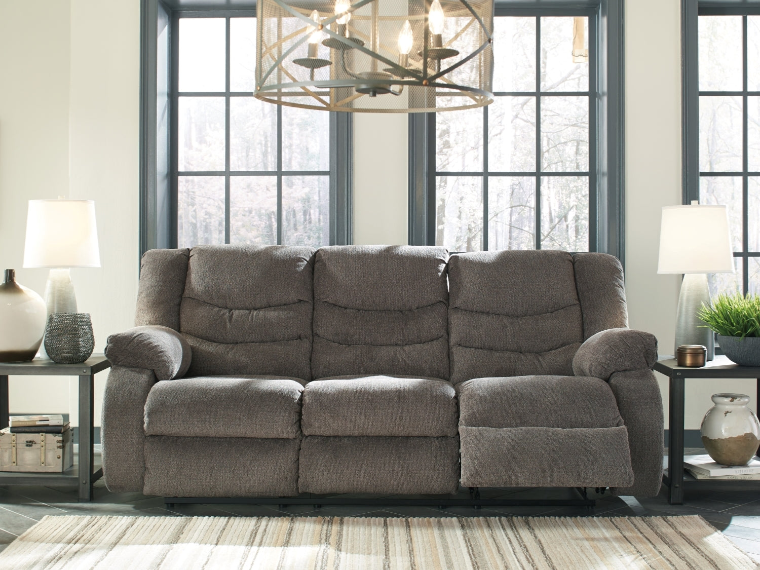 Ashley Tulen Grey Sofa Recliner with Pull Tab Reclining Motion