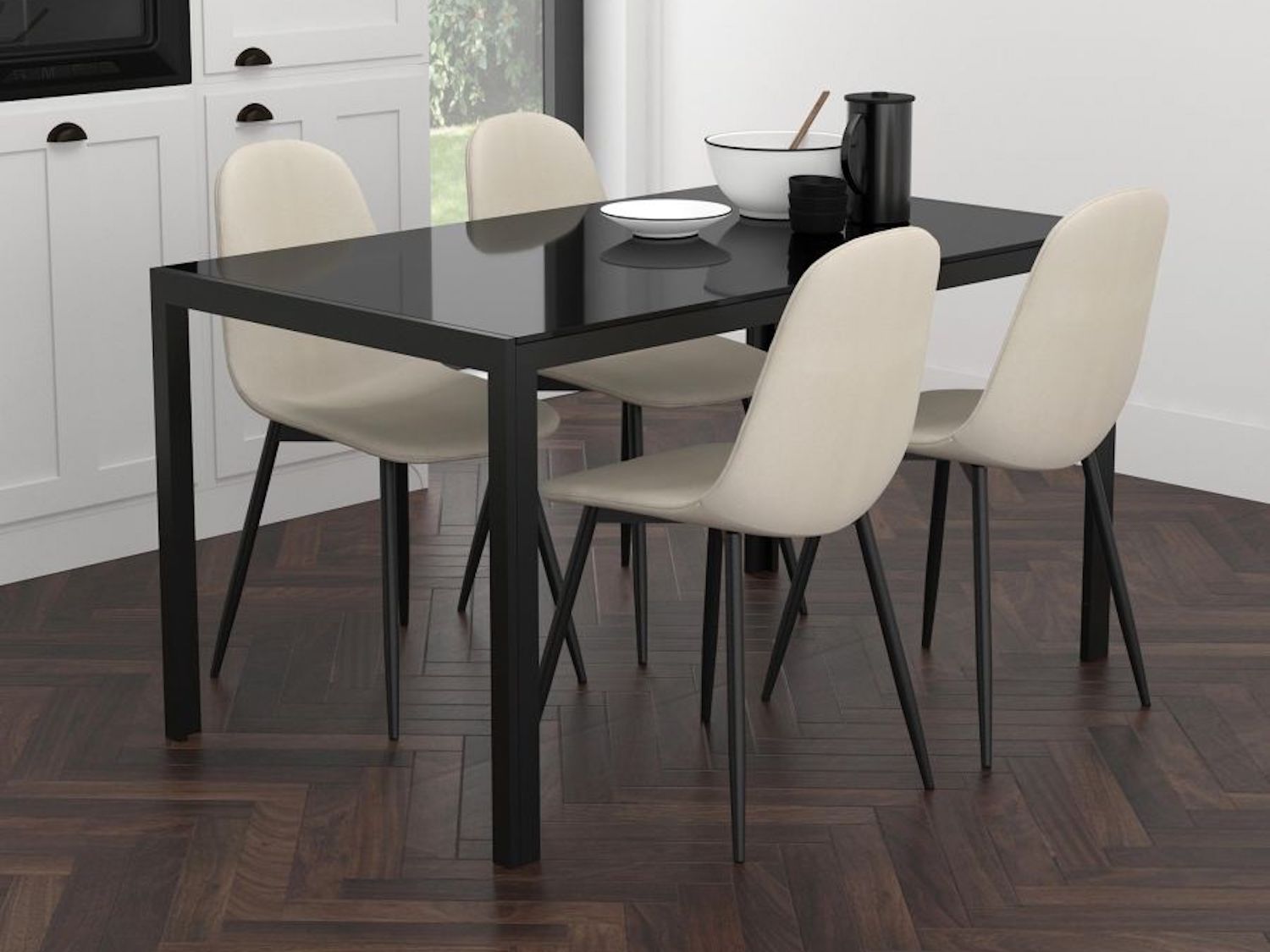 Contra/Olly 5pc Dining Set in Black with Beige Chair