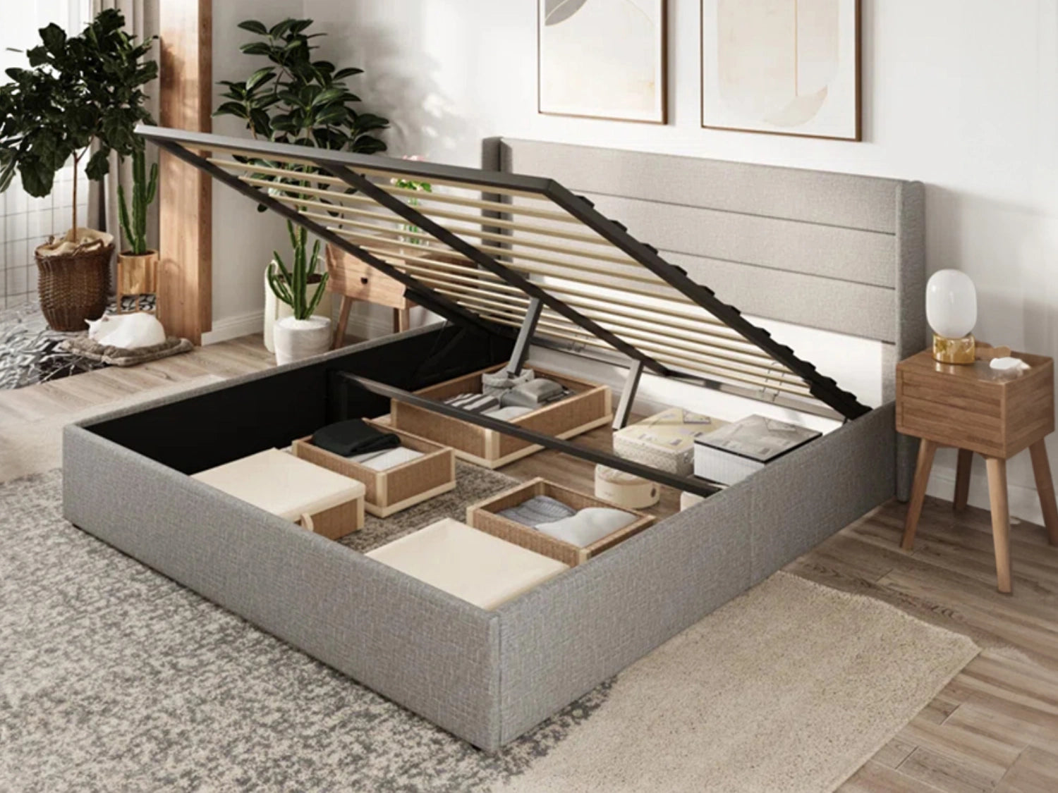 Queen Size Lift-top Storage Bed in Grey