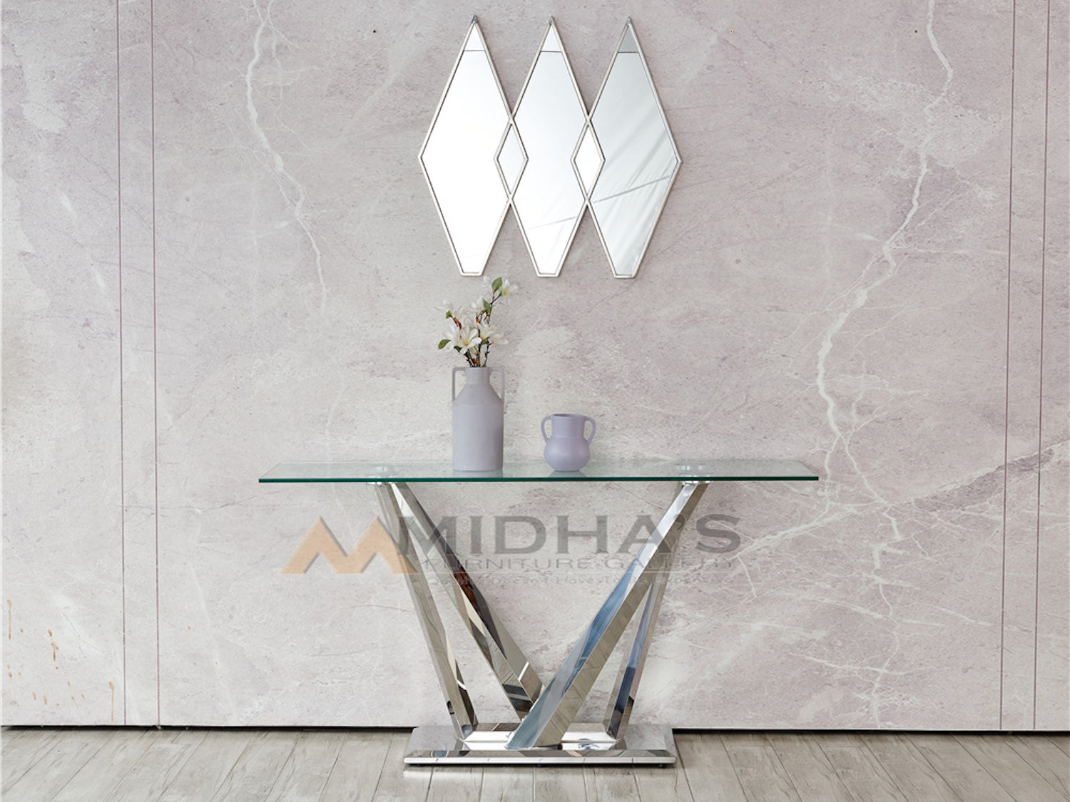 Four Leg Stainless Steel with Glass Top Console