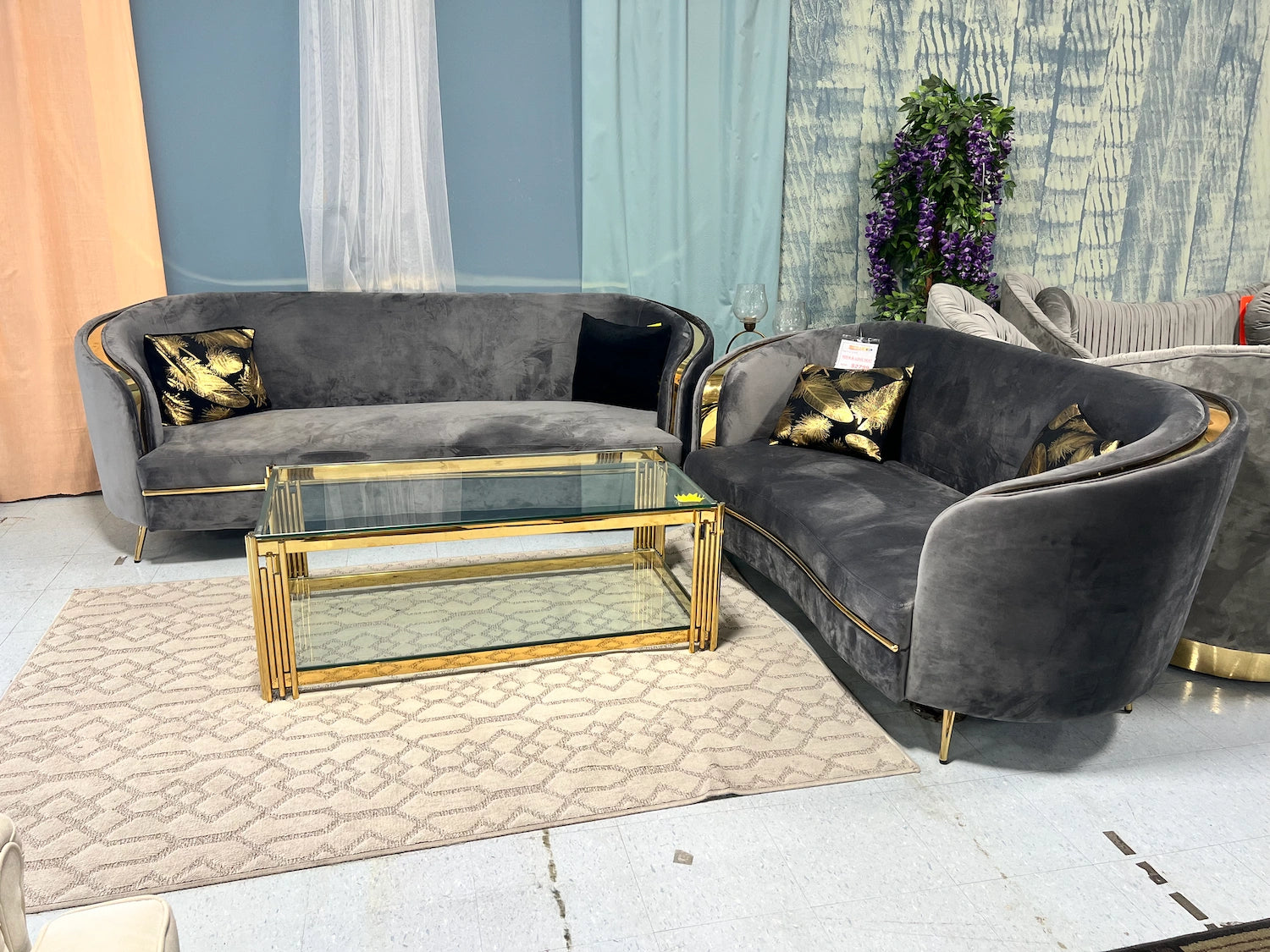 Grey Velvet Sofa + Love Seat with Gold accents