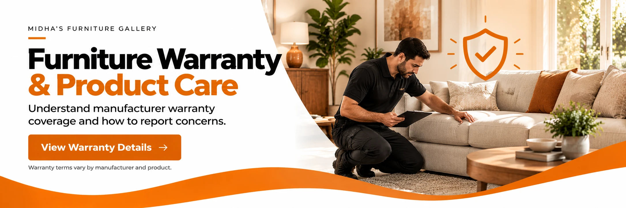 Furniture warranty and product care at Midha's Furniture Gallery, with technician examining a sectional sofa