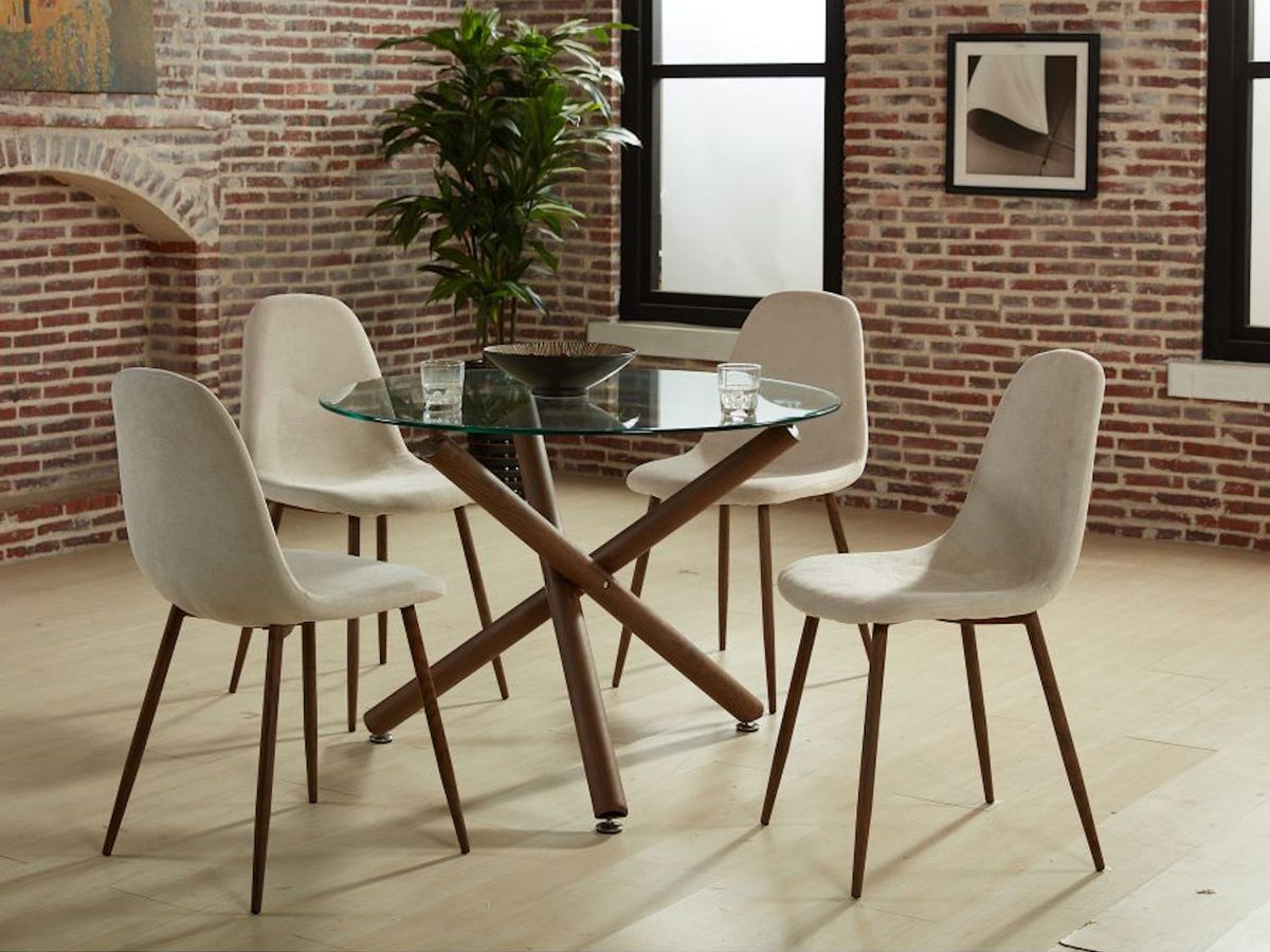 Rocca/Lyna 5pc Dining Set in Walnut with Beige Chair