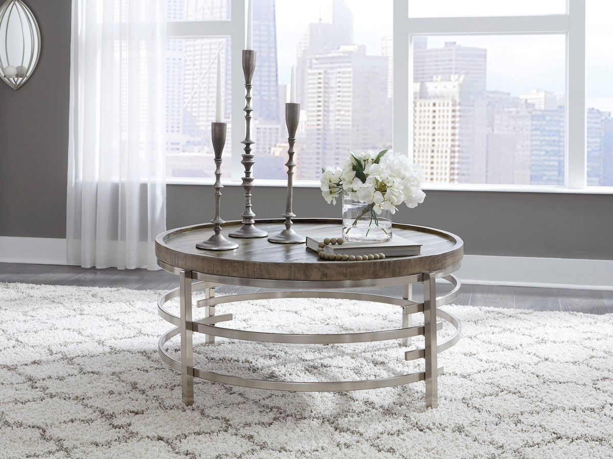 Signature design by Ashley steel base Zinelli Round Coffee Table in Grey