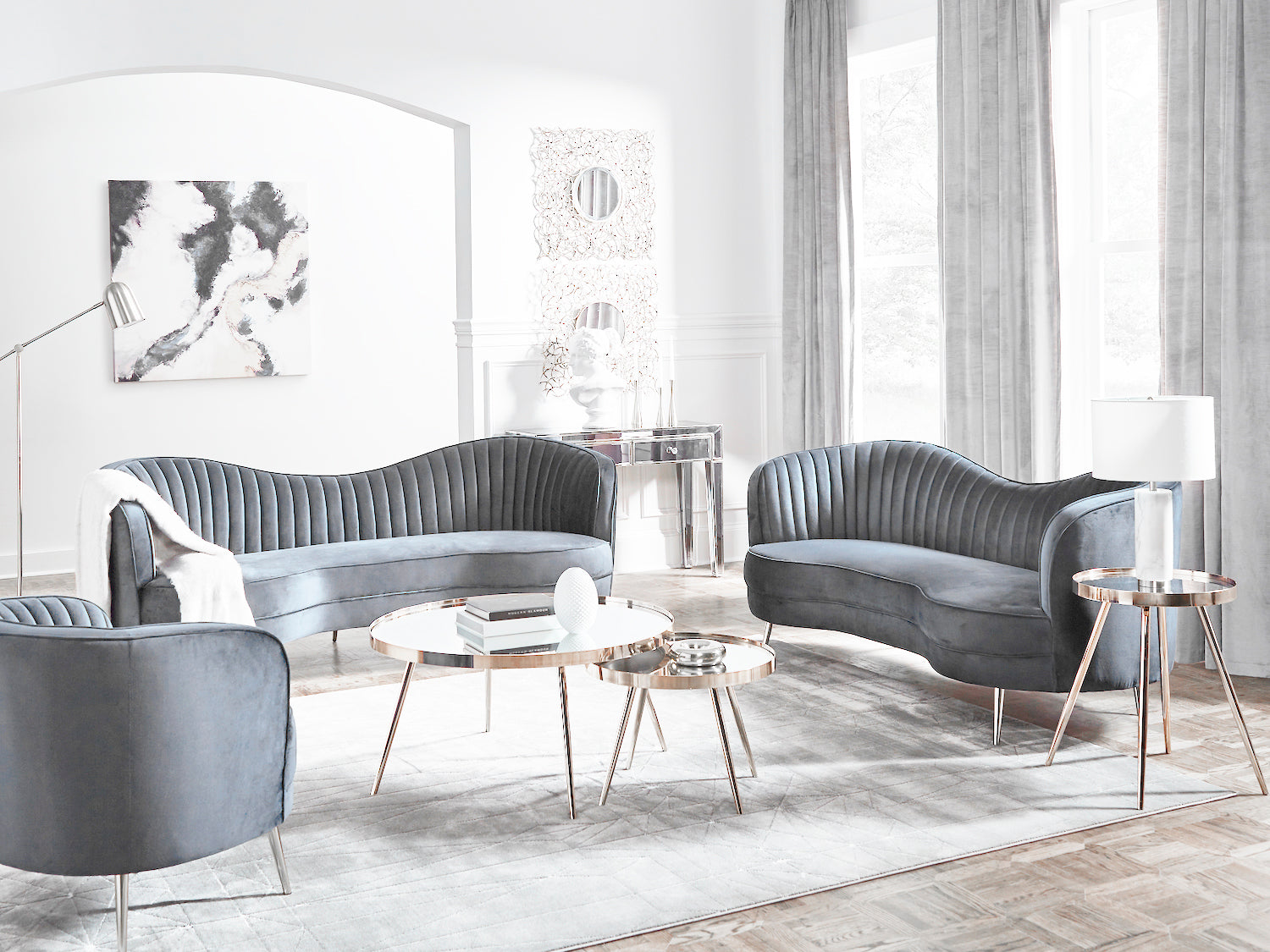 Sophia Velvet Grey Sofa & Love Seat