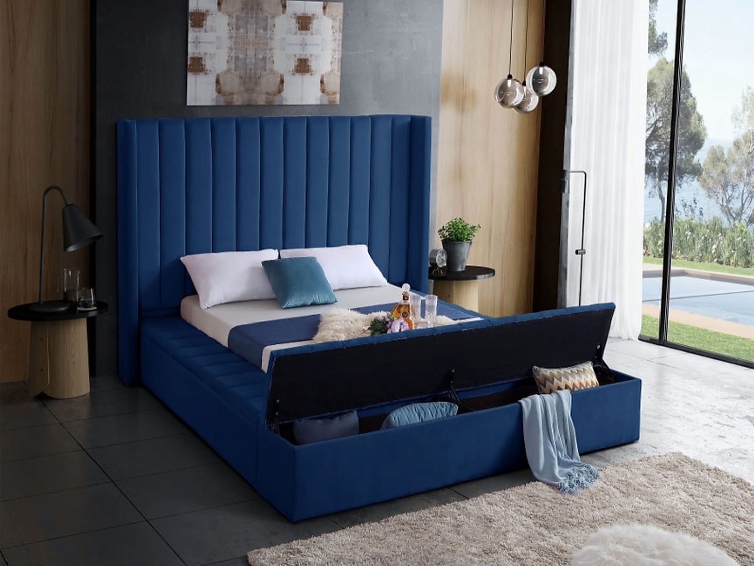 Blue Velvet Storage Fabric Queen Bed - Modern Bed