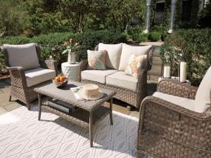 Clear Ridge Outdoor Loveseat and 2 Chairs with Coffee Table, P361-835/820/701, Outdoor Furniture, Clear Ridge Outdoor Loveseat and 2 Chairs with Coffee Table from Ashley